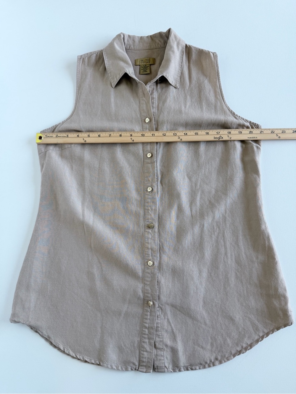 Valerie Stevens Linen Rayon Sleeveless Button Front Blouse Taupe Brass L - Picture 5 of 9